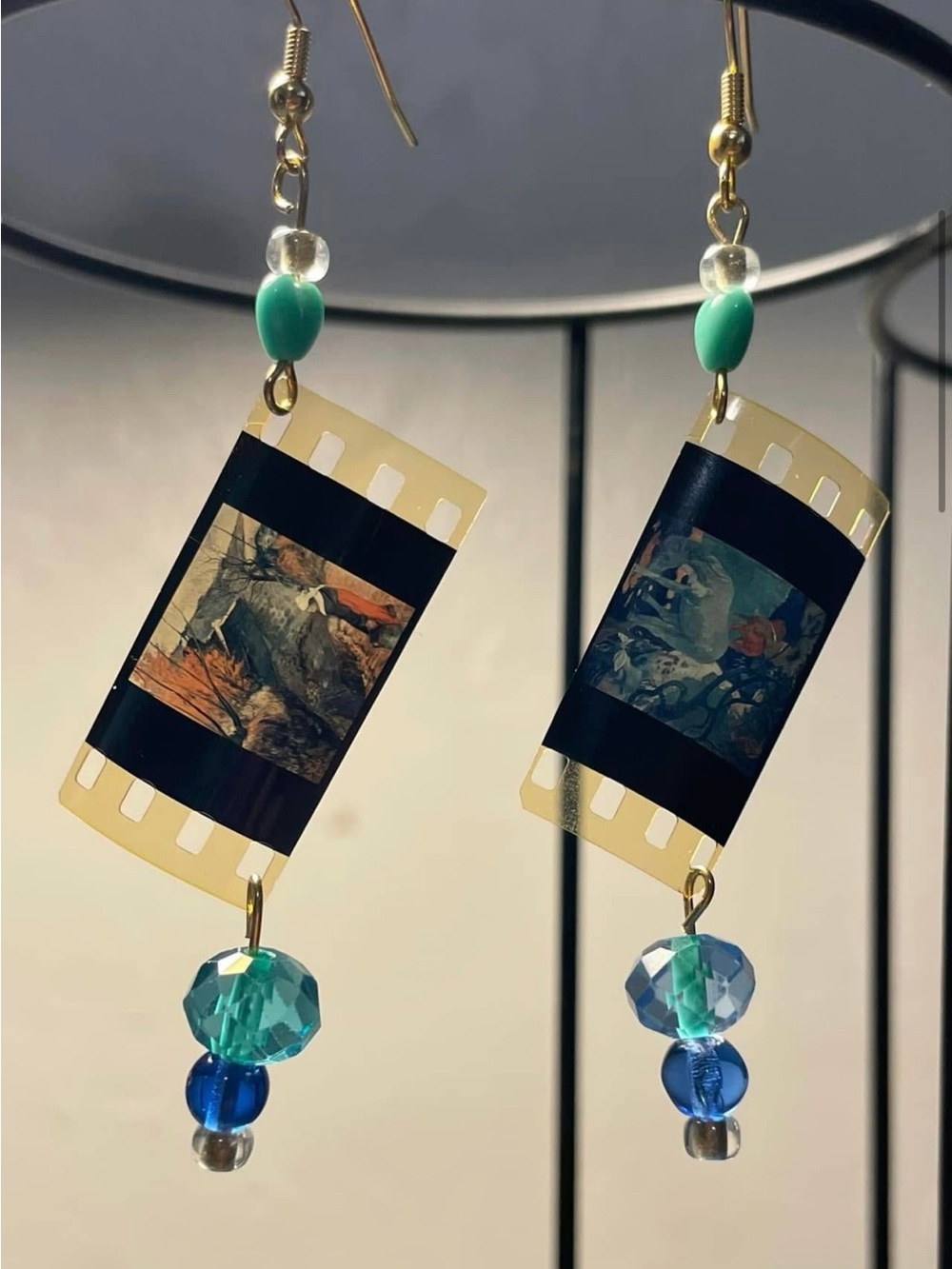 reel bijoux brand- Handmade Vintage Film Strip Earrings with Blue-Green Beads